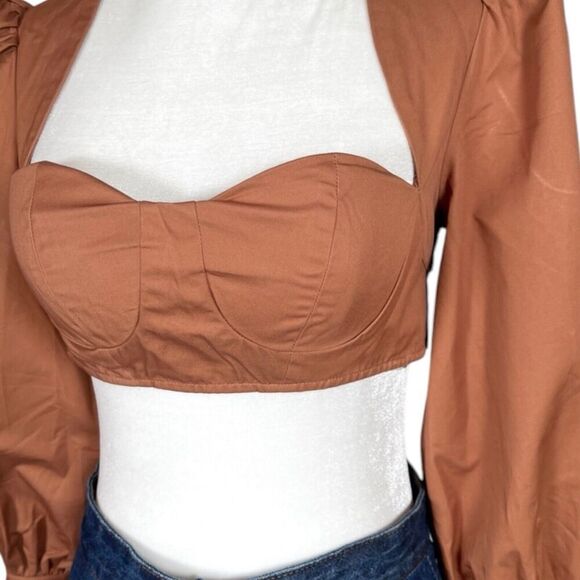 Hanifa Kayla Bustier Long Sleeve Crop Top Princess Poof Sleeves Brown NWT 2XS - Picture 7 of 10